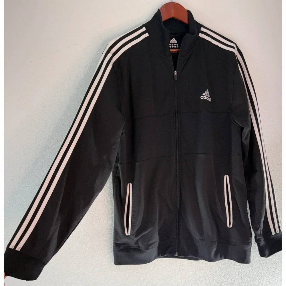 Adidas Track Jacket Full Zip Sport Black White Stripe Athletic Gym Activewear XL